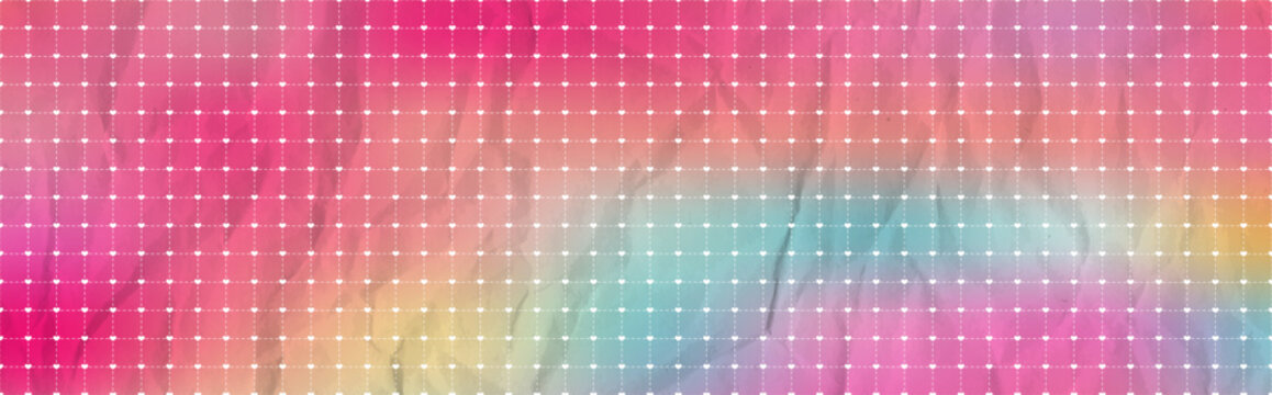 Blueprint bg with dash squared lines and heart intersections. Cute pastel gradient girly retro love notebook faded crumple sheet graph paper texture. Vector wrinkle effect design. Rough old note page.
