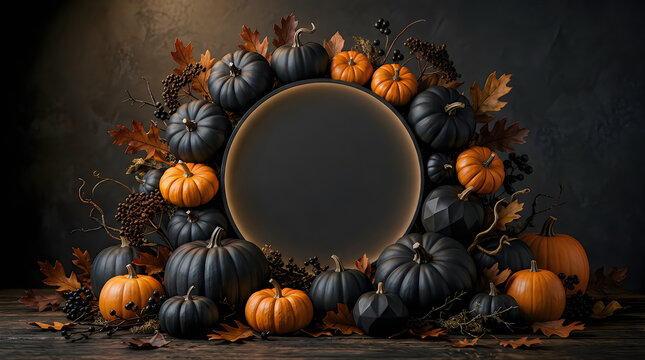 Festive halloween background with black and orange pumpkins and copy space