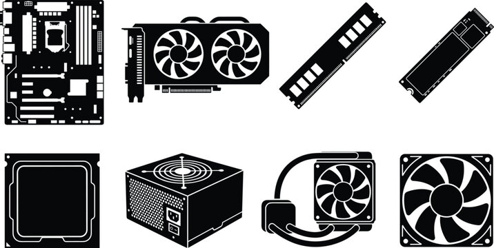 Computer Components Icon Set Featuring Motherboard, Graphics Card, RAM, Processor, and Liquid Cooler Vector