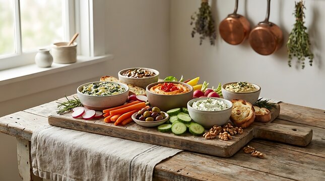 Healthy hummus and vegetable dip platter on rustic table. kitchen dip station