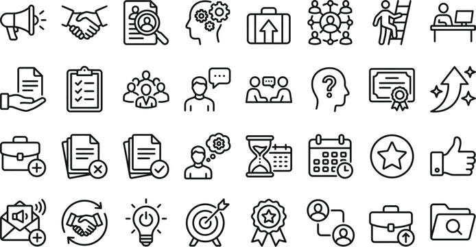 Comprehensive business and office management icon set vector bundle featuring hand drawn doodle style illustrations for professional corporate project design elements