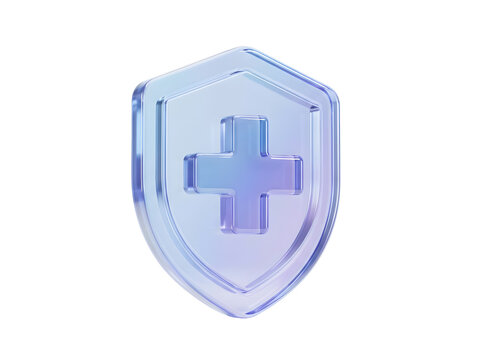 3d render of a glass shield icon with a medical cross symbol isolated on transparent background