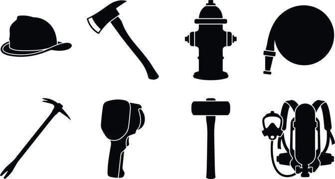 Firefighter Equipment Icon Set Featuring Helmet, Fire Axe, Fire Hydrant, Hose, Halligan Tool, and SCBA Vector