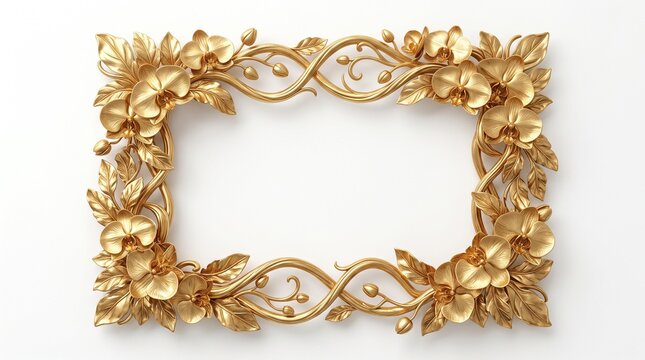 Exquisite 3D luxury gold botanical frame featuring elegant orchids