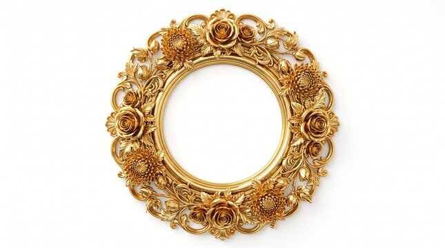 Luxury 3D render of an ornate gold floral frame featuring elegant blooming flowers, decorative leaves