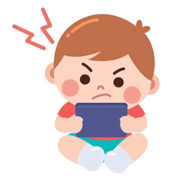 Frustrated Little Boy Playing Tablet Screen Time Addiction Cartoon Illustration