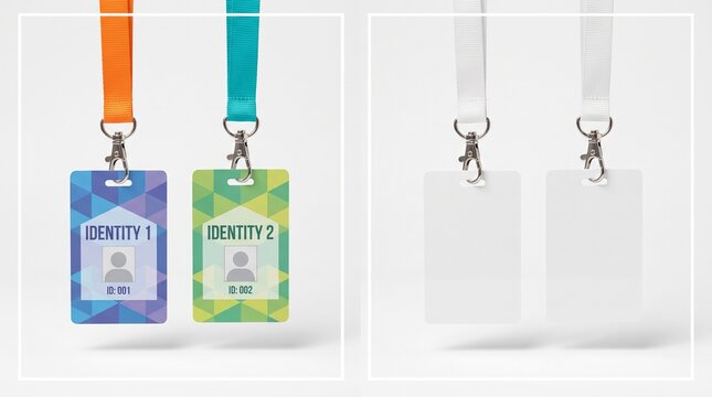 Vertical Identification Badge Mockup with Colorful Lanyards and Blank Plastic Card Templates