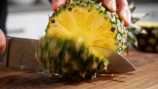 Cutting green pineapple with sharp knife on wooden surface