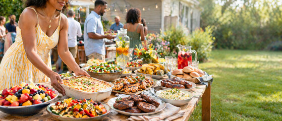 Outdoor backyard bbq party with diverse people enjoying summer food © dvoevnore