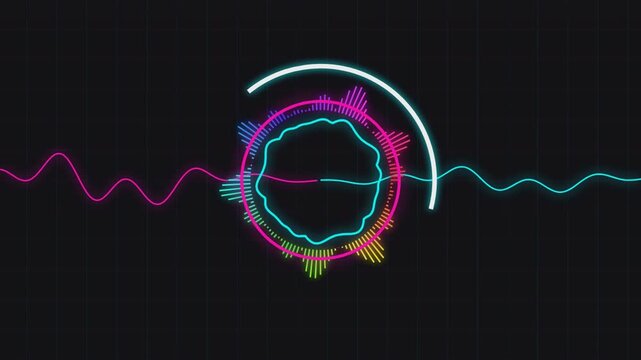 Circular audio waveform animation with pulsating spectrum and sine waves in dark background