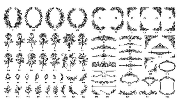 Luxury Botanical Rose Ornament Vector Set with Floral Scrolls and Leaves
