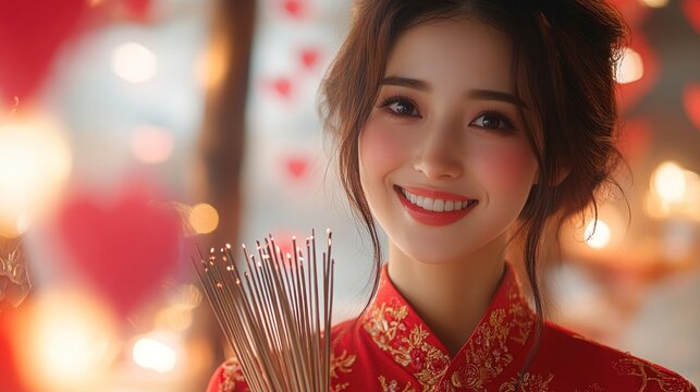 Smiling woman in red dress holds incense at festive celebration