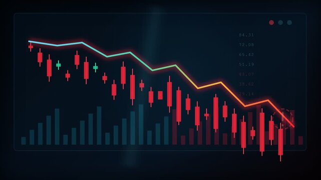Digital animation showing a declining candlestick chart with a red arrow going down, representing a financial crisis, economic recession, bearish market, and investment losses