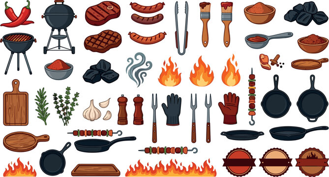 Barbecue and grilling vector element set with bbq grills steak sausage flame charcoal skillet pans and picnic icons