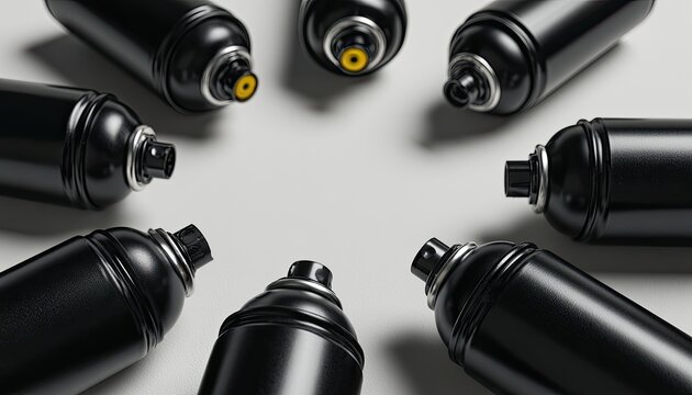 Collection of Black Spray Paint Cans Arranged in a Circle.