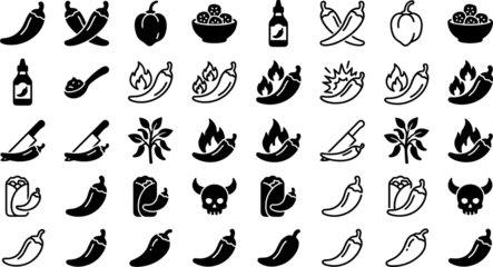 Spicy chili pepper icon set vector illustration featuring hot jalapeno habanero sauce flames skull and knife elements in solid glyph and linear styles for restaurant menu © MdNayeem