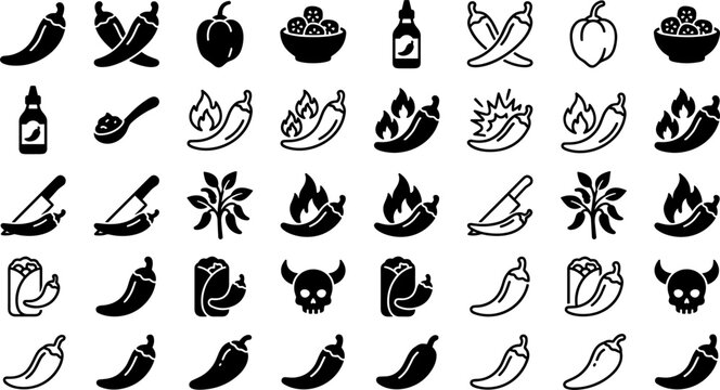 Spicy chili pepper icon set vector illustration featuring hot jalapeno habanero sauce flames skull and knife elements in solid glyph and linear styles for restaurant menu