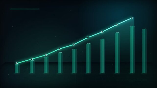 Animated teal bar graph showing a positive upward trend, with a connecting line graph and an arrow pointing up, representing business growth, financial success, and increasing profits