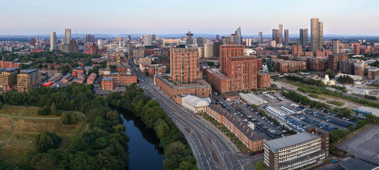 Fototapeta premium Ultra Wide Evening Panorama of Chapel Street, Crescent, River Irwell, and City Skyline