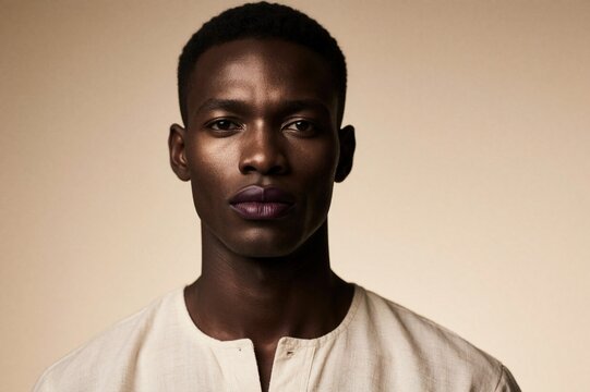 Editorial Portrait of a handsome Senegalese man with luxury makeup and deep plum lips against beige background