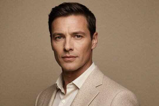 Professional Headshot of a Distinguished Middle-Aged Man in Beige Suit against Neutral Background