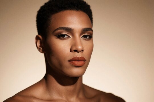 Editorial Beauty Portrait of Diverse Model with Copper Skin and Dramatic Makeup on Beige Background
