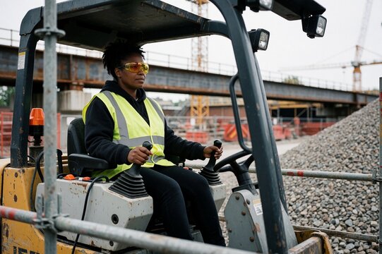 Afro-Caribbean Woman Operating Heavy Construction Machinery at Urban Infrastructure Site