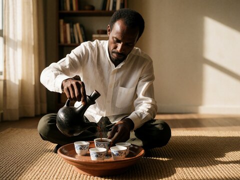 Somali Man Performing Traditional Coffee Ceremony Pouring Jebena in Sunlit Apartment