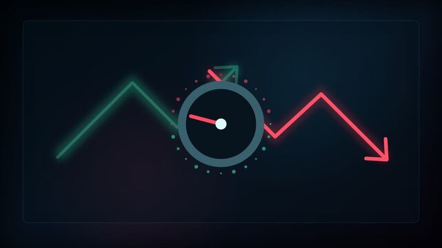 Animated clock hands spinning fast over fluctuating stock market chart showing uptrend and downtrend arrows, symbolizing the impact of time on investment, trading, and financial volatility