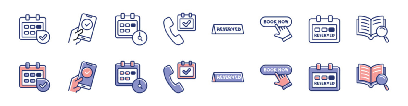 Restaurant hospitality table reservation icon line set cafe eatery schedule booking calendar availability online reservation check symbol vector illustration