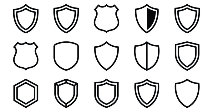 Set of various shield icons and heraldic crest shapes in a clean black and white line art style