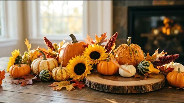 Beautiful thanksgiving table centerpiece featuring assorted pumpkins sunflowers and autumn leaves on a rustic wooden board