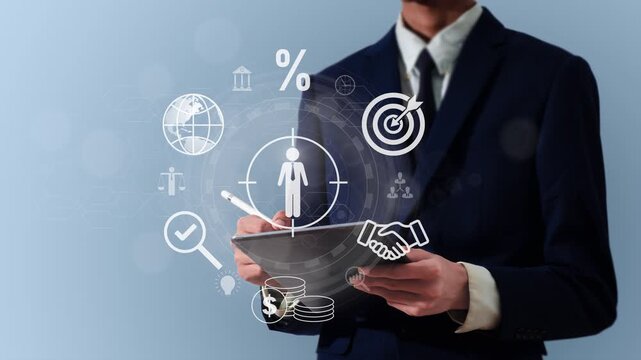 Businessman using stylus tablet with virtual human icon interface, managing hr workforce target, customer focus, business strategy, financial management, corporate ecosystem, and partnership concept.