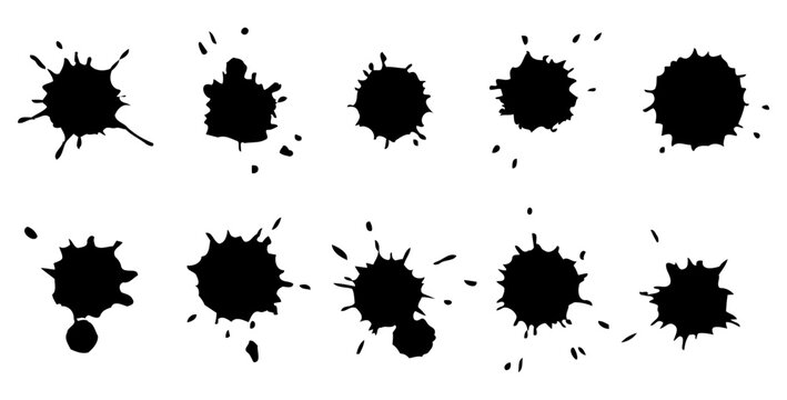 Ink splatter set, paint brush stroke kit, vector black grunge stain, graffiti texture liquid splash. Abstract dirty blob, messy shape drawing collection isolated on white. Ink splatter print element