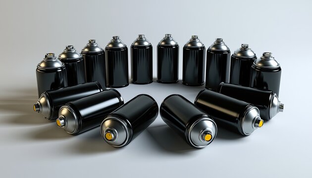 Collection of Black Spray Paint Cans Arranged in a Circle.