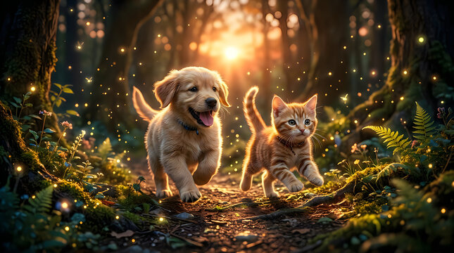 Cute puppy and kitten walking together in a magical glowing forest at sunset