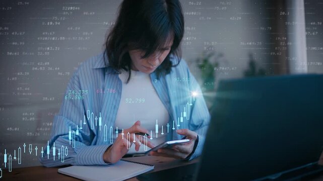 Businesswoman in manages stock market investments with smartphone and laptop, digital candlestick chart, financial analytics and online trading technology