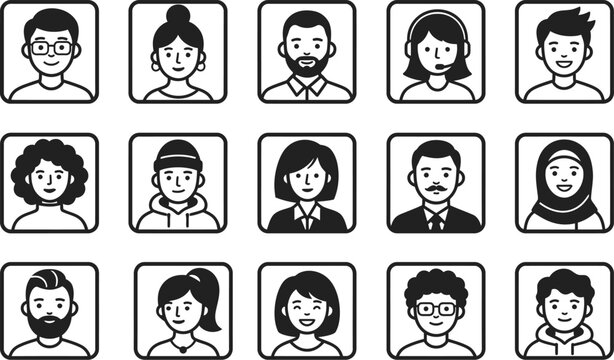 Diverse people portraits collection presented as a hand drawn avatar vector illustration set for web design projects