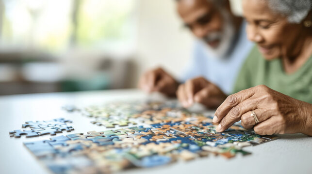 Senior African American couple focusing on completing puzzle together