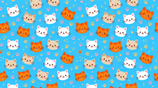 Seamless pattern with cute cartoon cat faces on a bright blue background with small colorful squares