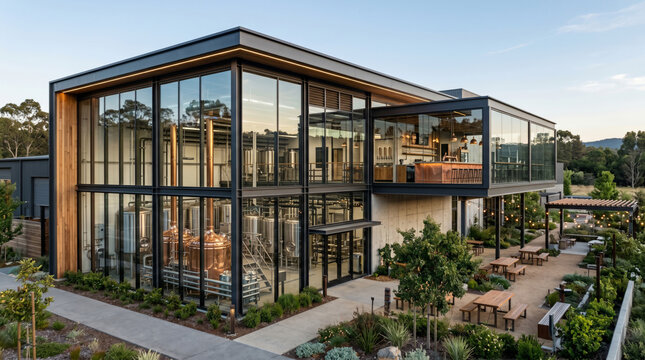 A modern rectangular glass house is seamlessly integrated into a dense, green forest landscape. The sustainable eco-friendly architecture provides a peaceful luxury retreat harmonizing with nature.