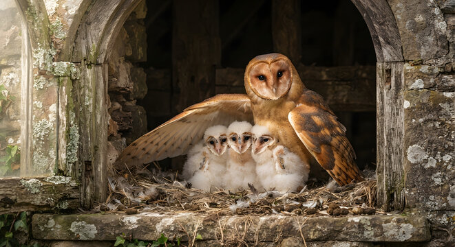 Barn owl mother protecting her three chicks in a stone nest