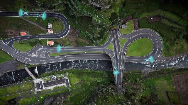 Cars moving interchange with AI-powered autonomous driving and driver assistance technology. Smart mobility connected traffic, vehicle communication, and intelligent transport system