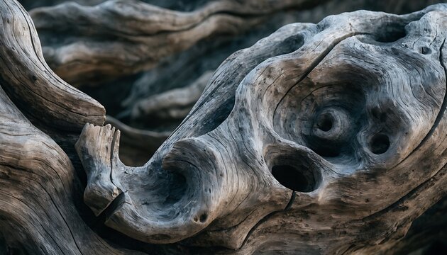 Close up of weathered driftwood with intricate patterns and textures.