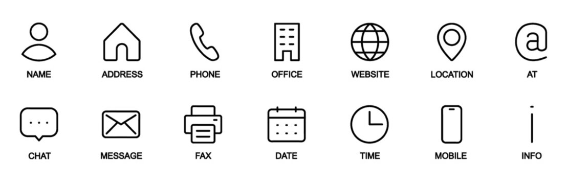 Contact icon set for business card, containing communication information, line style