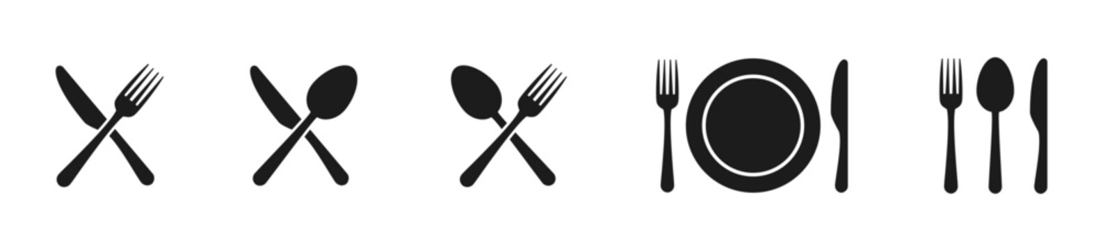 Fork knife spoon and plate cutlery icon set, restaurant menu symbol