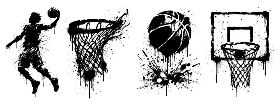 Basketball equipment and dunking player set in messy ink splatter style
