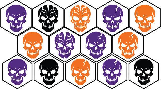 A festive pattern of colorful skulls in hexagonal frames perfect for a spooky happy halloween day celebration design