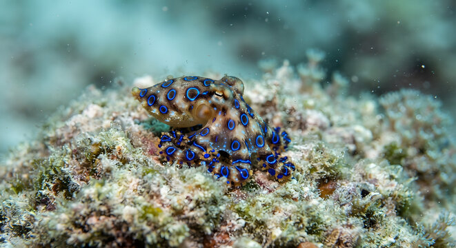 Blueringed octopus on coral reef
