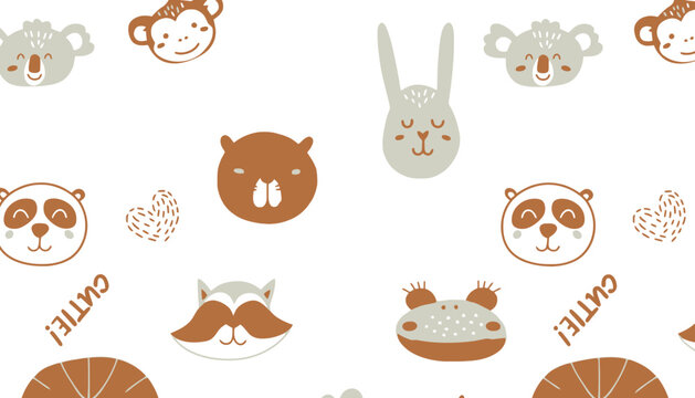Cute animal faces seamless pattern background with wildlife, childish